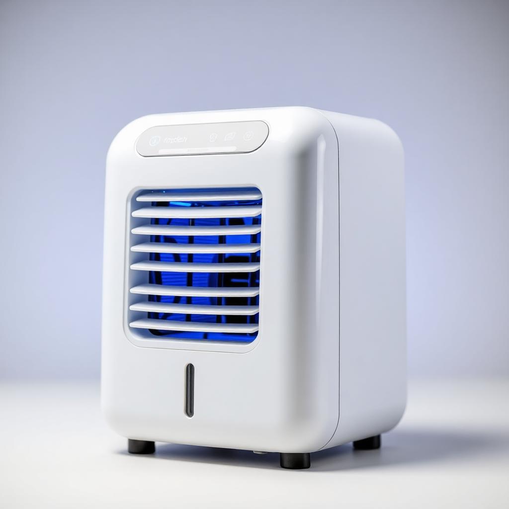 Close-up of the Vissani Portable AC unit with glowing blue interior